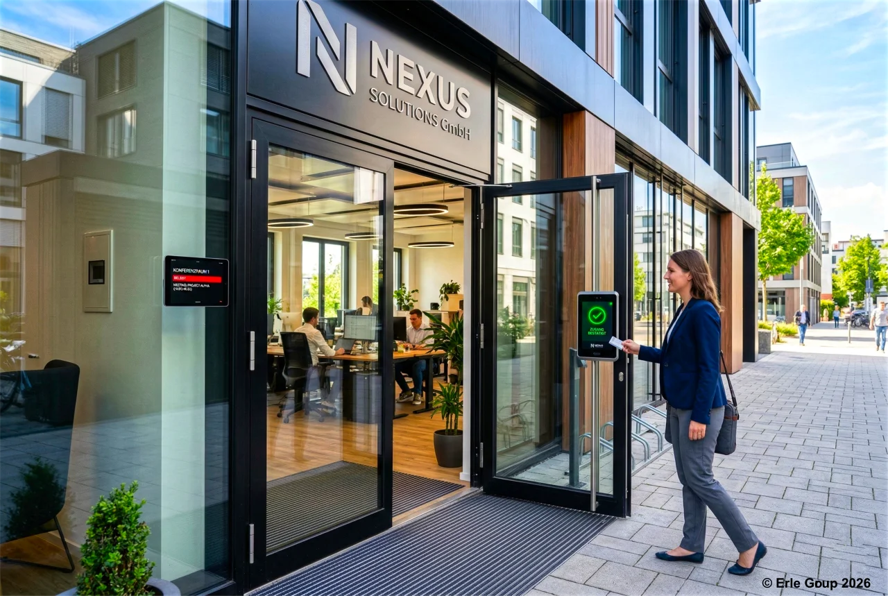 Modernes Bürogebäude mit intelligenter Zutrittskontrolle und automatisierter Beleuchtung