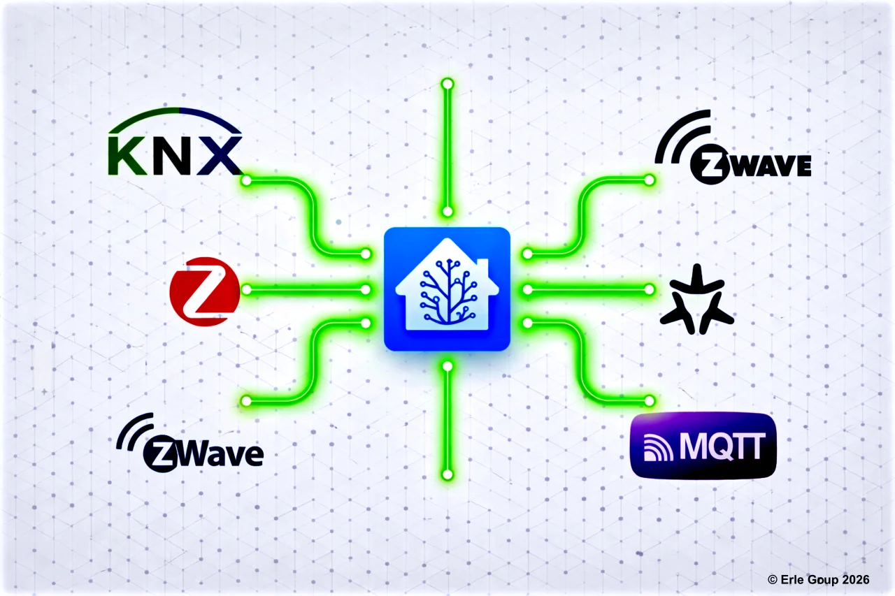 Verschiedene Smart-Home-Protokolle und Standards verbunden durch offene Schnittstellen